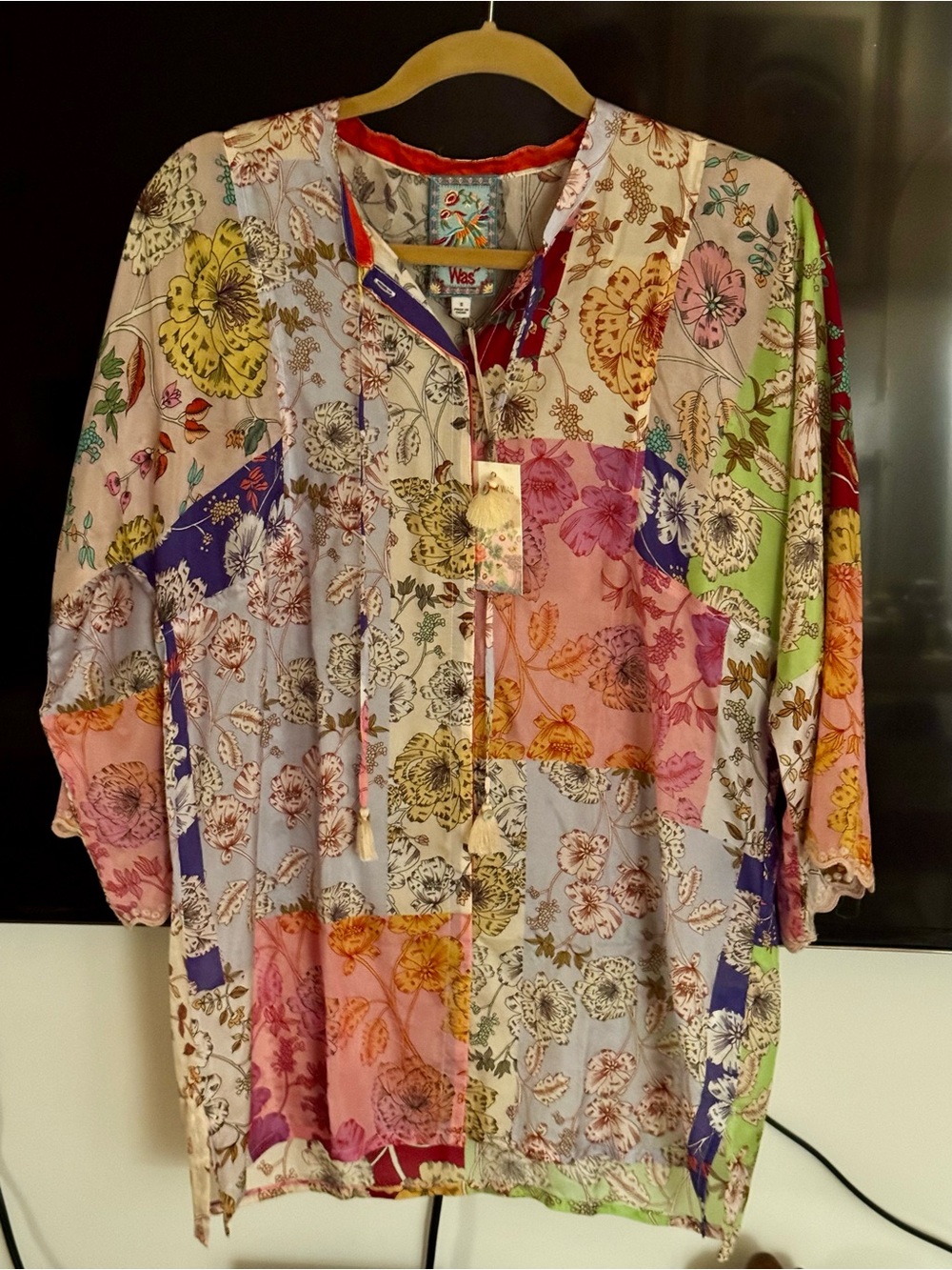 Johnny Was Patchwork Floral Button-Front Blouse in Multicolor